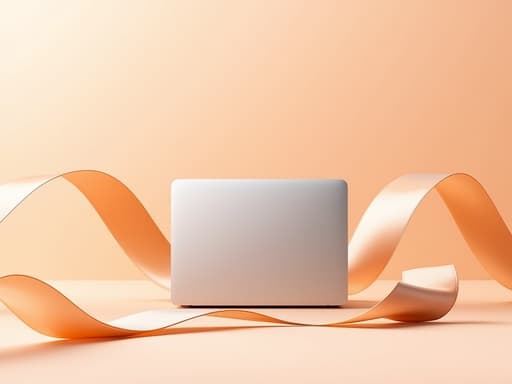 노트북, 디지털 기기 부드러운 파스텔 피치 배경, 새틴 리본 현대적이고 고급스러운 광고 분위기