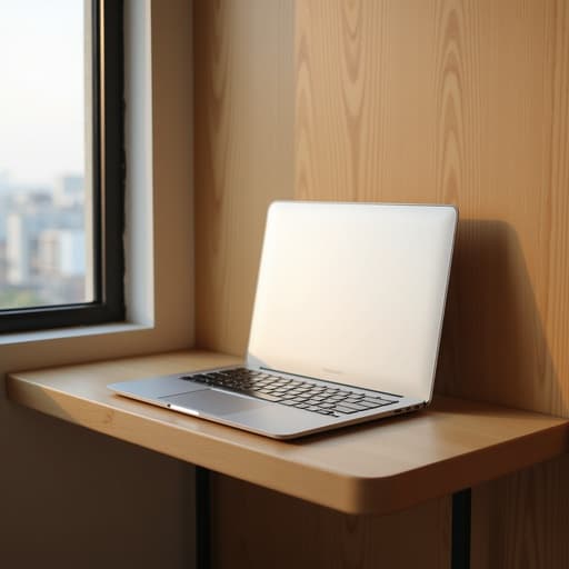 노트북, 나무 선반, 성수동에 있는 넓은 자연광 스튜디오, 동쪽을 향한 자연광, 아늑하고 미니멀한 분위기
