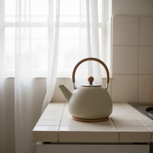 주전자, 주방용품, 가정용품 한남동에 있는 공유 주방, 타일 카운터, 얇은 흰색 커튼을 통해 필터링된 햇빛 아늑하고 미니멀한 아이폰 스타일 사진 촬영