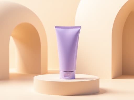 핸드크림, 화장품, 파스텔 베이지 포디움, 섬세한 아치, 따뜻한, 확산된, 아침 빛