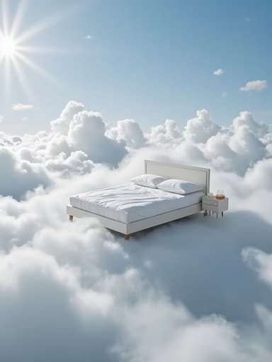 퀸사이즈 침대, 구름베개가 있는 광활한 꿈 같은 구름경치, 평화로움, 꿈같음