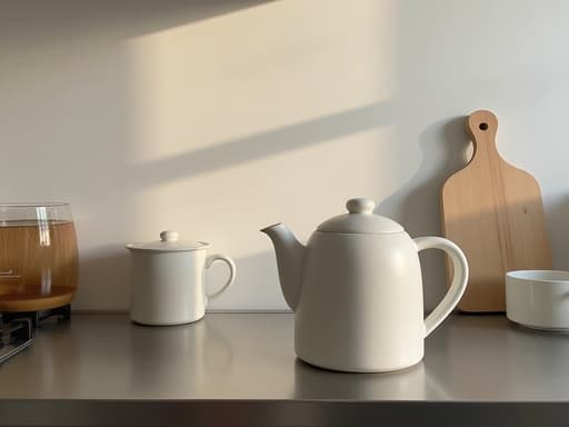 주전자, 주방용품, 브러쉬 금속 주방 조리대, 한남동의 공동 주방, 미니멀리즘, 편집 스타일