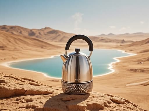 주전자, 주방용품 광활한 사막 풍경과 신기루 같은 호수 초현실적이고 신선한