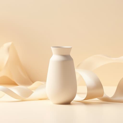 도자기 화병, 인테리어 소품, 파스텔 베이지 배경과 새틴 리본, 평화롭고 고급스러운 분위기, 우아한