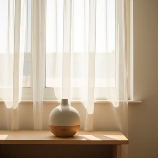 에센셜 오일 디퓨저, 목재 선반, 북촌의 채광 가득한 거실, 아늑함, 편집 스타일, 인스타그램 스타일