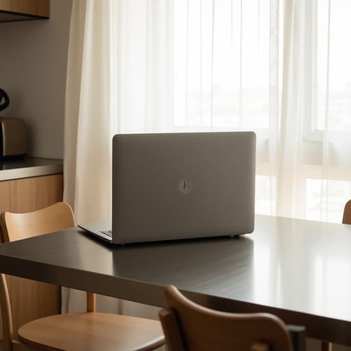 노트북, 전자 기기, 디지털 기기 햇빛이 비치는 한남동 공유 주방, 브러쉬드 메탈 테이블, 얇은 흰색 커튼을 통해 필터링된 태양광 아늑한, 편집적 미학