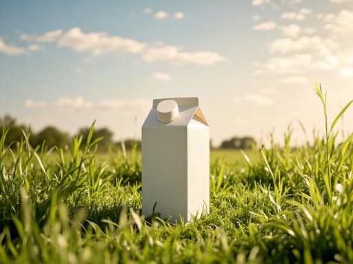 우유 팩, 부드러운 새벽빛이 비치는 고요한 초원, 차분한, 상쾌한