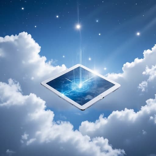 태블릿, 디지털 기기, 광활하고 고요한 디지털 풍경에 떠다니는 이진수 구름들, 차분하고 미래지향적