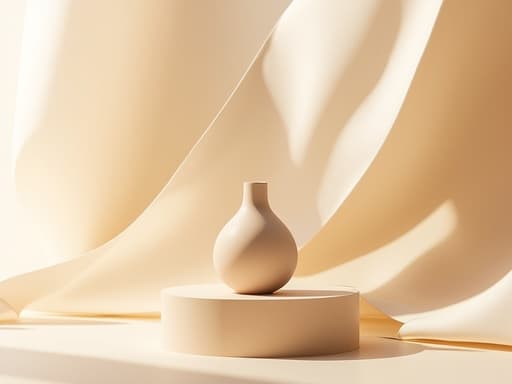 핸드메이드 화병, 세라믹, 인테리어 소품 부드러운 파스텔 베이지 포디엄, 부드러운 천 접힘, 추상적이고 미니멀한 따뜻하고 산란된 아침 빛, 고급스러우며 깨끗하고 현대적임