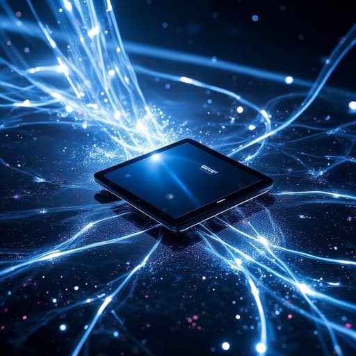 태블릿, 디지털 기기, 기술, 전자, 추상적인 디지털 풍경, 유동적인 데이터 스트림, 혁신적, 미래적, 역동적