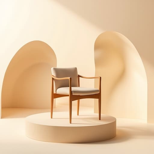 인테리어 의자, 미니멀리스트 연단, 파스텔 톤 종이 아치, 부드러운 직물 주름, 고급스러움, 깨끗함, 현대적임