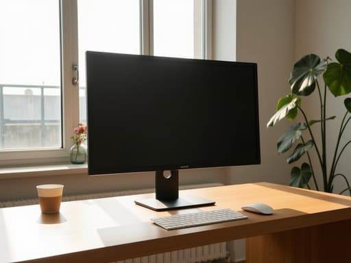 모니터, 전자기기, 성수동 스튜디오의 미니멀리스트 나무 책상, 큰 유리창, 아늑하고 미니멀한 에디토리얼 인스타그램 스타일