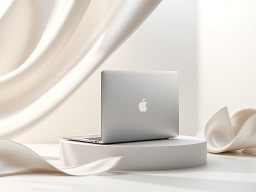 노트북, 소형 전자 제품 미니멀한 흰색 받침대, 부드러운 천 주름 프리미엄, 현대적, 확산된 아침 빛