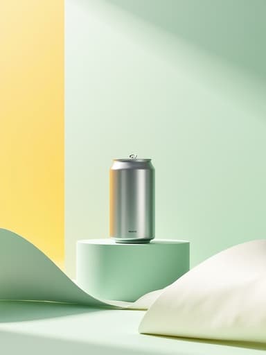 캔맥주, 식품, 음료, 드링크 파스텔 민트 포디움, 미니멀리즘 설정, 부드러운 패브릭 주름, 파스텔 배경 따뜻한, 자연스러운, 고급스러운, 깨끗한, 현대적인
