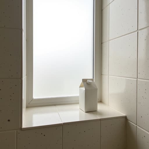 우유 팩, 테라조 창턱, 제주 스타일 타일로 된 욕실, 아늑하고 상쾌한 아침 분위기