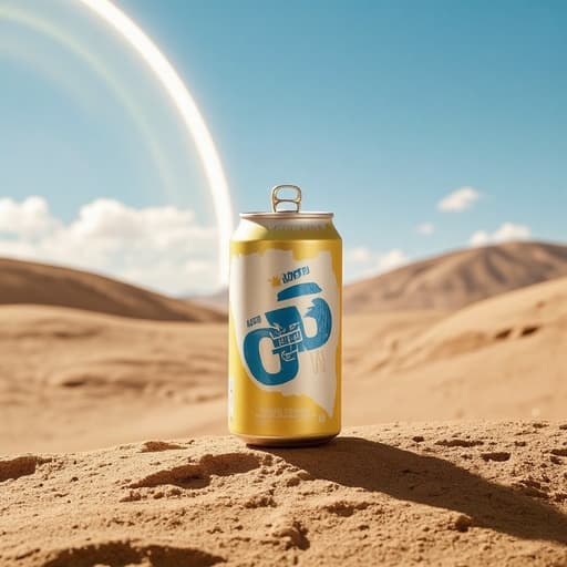 캔맥주, 신기루가 있는 초현실적인 사막 풍경, 상쾌한 탈출