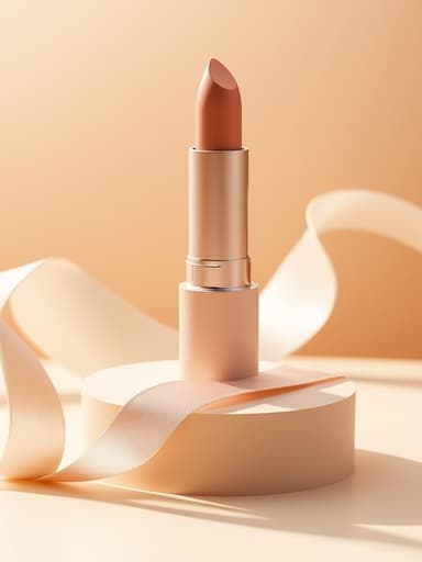 립스틱, 화장품 아이보리 포디엄, 새틴 리본 현대적, 우아한, 따뜻한 확산 아침 빛