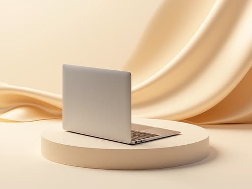 노트북, 디지털 기기, 미니멀한 스튜디오 포디엄, 크림색 새틴 패브릭, 따뜻하고 확산된, 모던하고 고급스러운