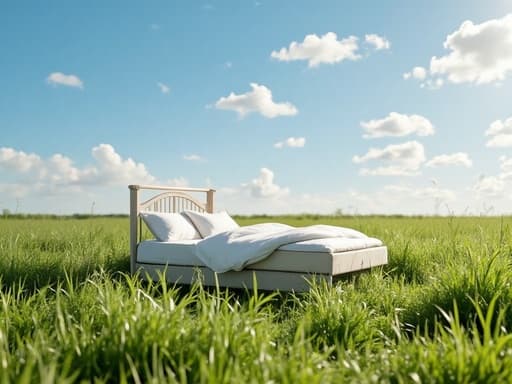 싱글 침대, 구름 없는 하늘 아래 평온하고 끝이 없는 초원, 평화로운, 차분한, 미니멀리즘