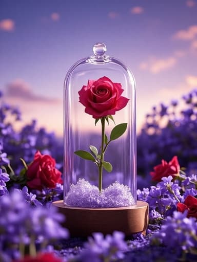 유리 돔 속 장미, 황혼의 고요한 라벤더 밭, 꿈꾸는 듯한, 평화로운, 사색적인