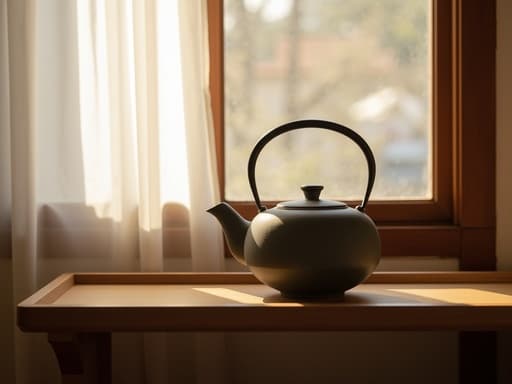 주전자, 전통적인 북촌 한옥 거실의 나무 선반, 아늑함, 미니멀함, 라이프스타일