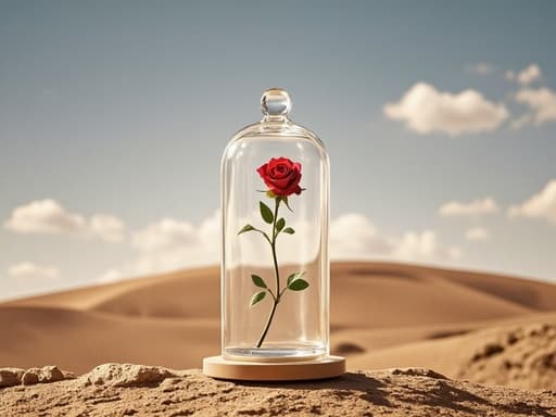 장미가 들어있는 유리 돔, 고요한 끝없는 사막 풍경, 고요한, 시간 초월, 초현실적