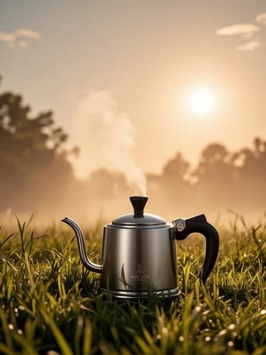 주전자, 고요하고 안개가 낀 새벽의 초원, 평온함, 진정시키는
