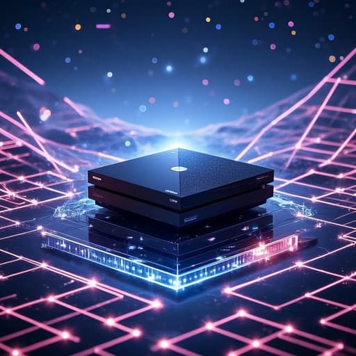 게임 콘솔, 디지털 기기, 빛나는 네온 그리드와 떠 있는 광대한 디지털 유토피아, 미래지향적, 생동감 넘침, 무한함