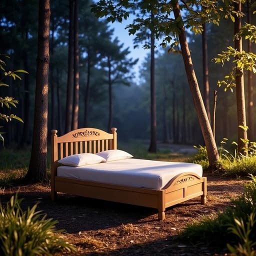 싱글 침대, 고요한, 꿈 같은 숲의 공터에서 새벽, 평화로운, 차분한, 고요한