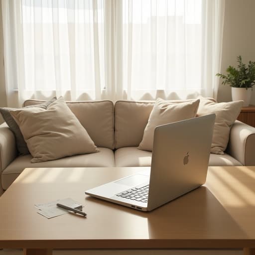 노트북, 전자기기, 디지털 기기 아늑한 서울 아파트 거실, 밝은 오크 책상, 부드러운 아침 햇살, 얇은 흰색 커튼, 부드러운 쿠션, 단순한 화분 미니멀리스트, 아늑함, 라이프스타일, 에디토리얼 인스타그램 스타일