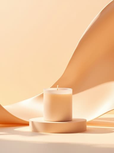 캔들, 인테리어 소품 부드러운 아이보리 포디엄, 부드럽게 흐르는 직물 주름, 파스텔 복숭아 배경 차분하고 고급스러우며 따뜻하고 확산됨