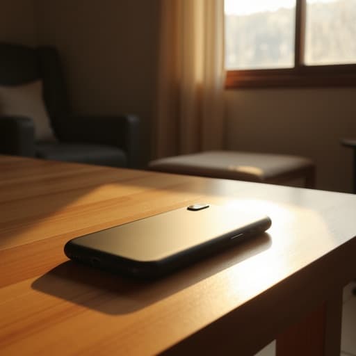 스마트폰, 북촌 한옥 거실의 나무 탁자, 아늑한