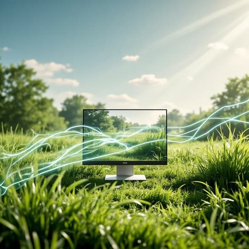 모니터, 디지털 기기; 고요하고 미래지향적인 초원에 디지털 데이터 스트림; 고요하고 혁신적인