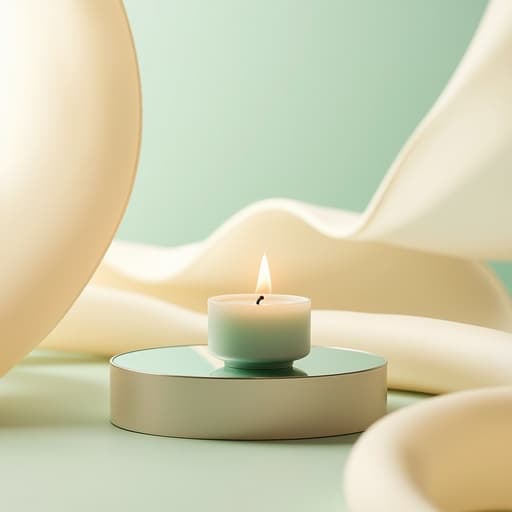 티라이트 캔들, 인테리어 소품 원형 거울 받침대, 부드러운 아이보리 천, 옅은 민트 파스텔 배경 따뜻하고 깨끗하며 현대적이고 고급스러운 분위기
