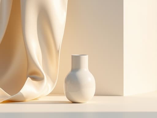 화병, 세라믹, 인테리어 오브젝트, 부드러운 파스텔 베이지, 벨벳 레이어, 부드러운 천 접힘, 프리미엄, 모던, 미니멀
