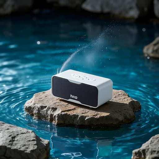 블루투스 스피커, 디지털 기기, 오디오 장비, 전자제품 물가에 둘러싸인 부유하는 바위 고요하고 순수하며 미래지향적이다.