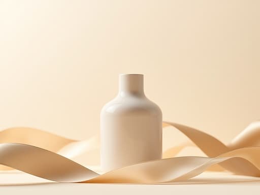 흰색 화병, 베이지 새틴 리본, 파스텔 배경, 따뜻하고 확산된 아침 햇빛, 프리미엄, 깨끗하고 현대적