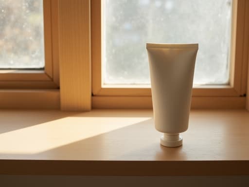 핸드크림, 나무 선반, 창문, 성수동의 아늑한 스튜디오, 동향 자연광, 따뜻함, 평화로움, 미니멀리즘, 아늑함