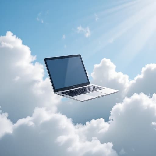 노트북, 디지털 기기, 전자 제품, 기술, 부드럽고 푹신한 구름이 있는 고요한 구름 풍경, 꿈같고, 평화롭고, 천상의