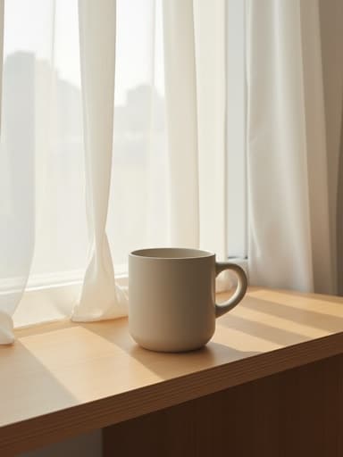 머그, 나무 선반, 동쪽을 향한 자연광 스튜디오, 얇은 흰색 커튼, 성수동, 아늑하고, 미니멀한, 인스타그램 미적 분위기