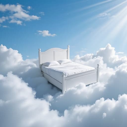 퀸사이즈 침대는 고요한 구름 속에 떠 있는 풍경, 평화로운