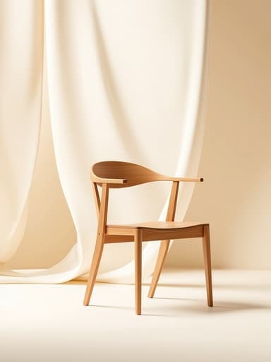 인테리어 의자, 부드러운 패브릭 접힘, 파스텔 아이보리 배경, 깔끔함, 현대적, 미니멀리즘