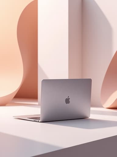 노트북, 디지털 장치, 미니멀리스트 추상 데스크탑, 부드러운 파스텔 톤, 섬세한 천 접힘, 현대적, 고급스러움, 깔끔함, 우아함