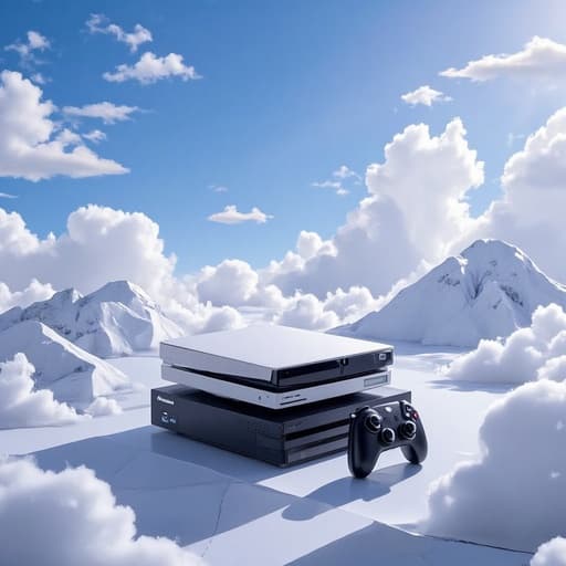 게임 콘솔, 픽셀화된 구름과 기하학적 산으로 이루어진 디지털 풍경, 미래적, 상상적, 몰입적