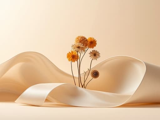 드라이플라워, 인테리어소품, 간단한 파스텔 배경, 부드러운 패브릭 주름, 미니멀 스튜디오 환경, 따뜻한, 깔끔한, 모던한, 우아한