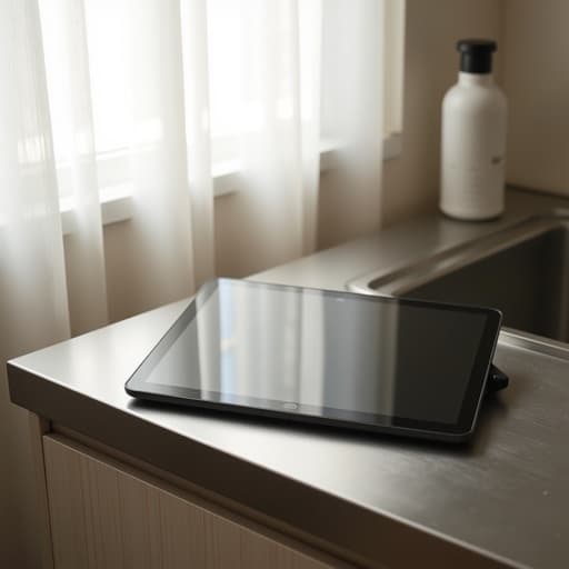 태블릿, 브러시드 메탈의 주방 카운터, 한남동 내 공유 주방, 우아하고, 미니멀리스트하며, 아늑한