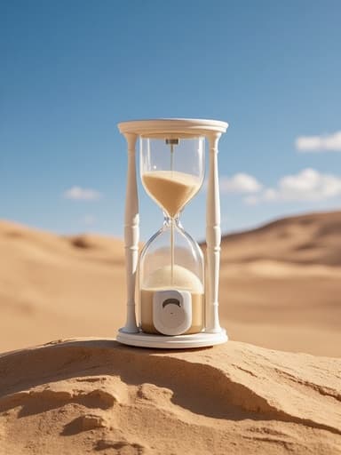 스마트폰, 디지털 기기, 거대한 모래시계가 있는 광활한 사막 경관, 초현실적이고 사색적