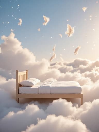 싱글 침대, 가구, 은은한 빛과 떠다니는 깃털이 있는 천상의 구름 같은 배경, 진정, 평화로운