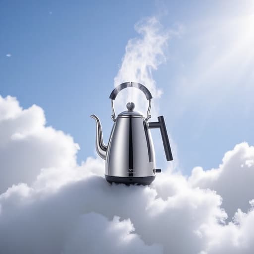 주전자, 증기가 구름을 이루는 천상의 구름 풍경, 따뜻하고 편안한