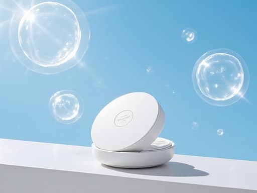 선케어 쿠션, 맑은 하늘에 떠다니는 반투명 구체들, 빛나는, 보호하는